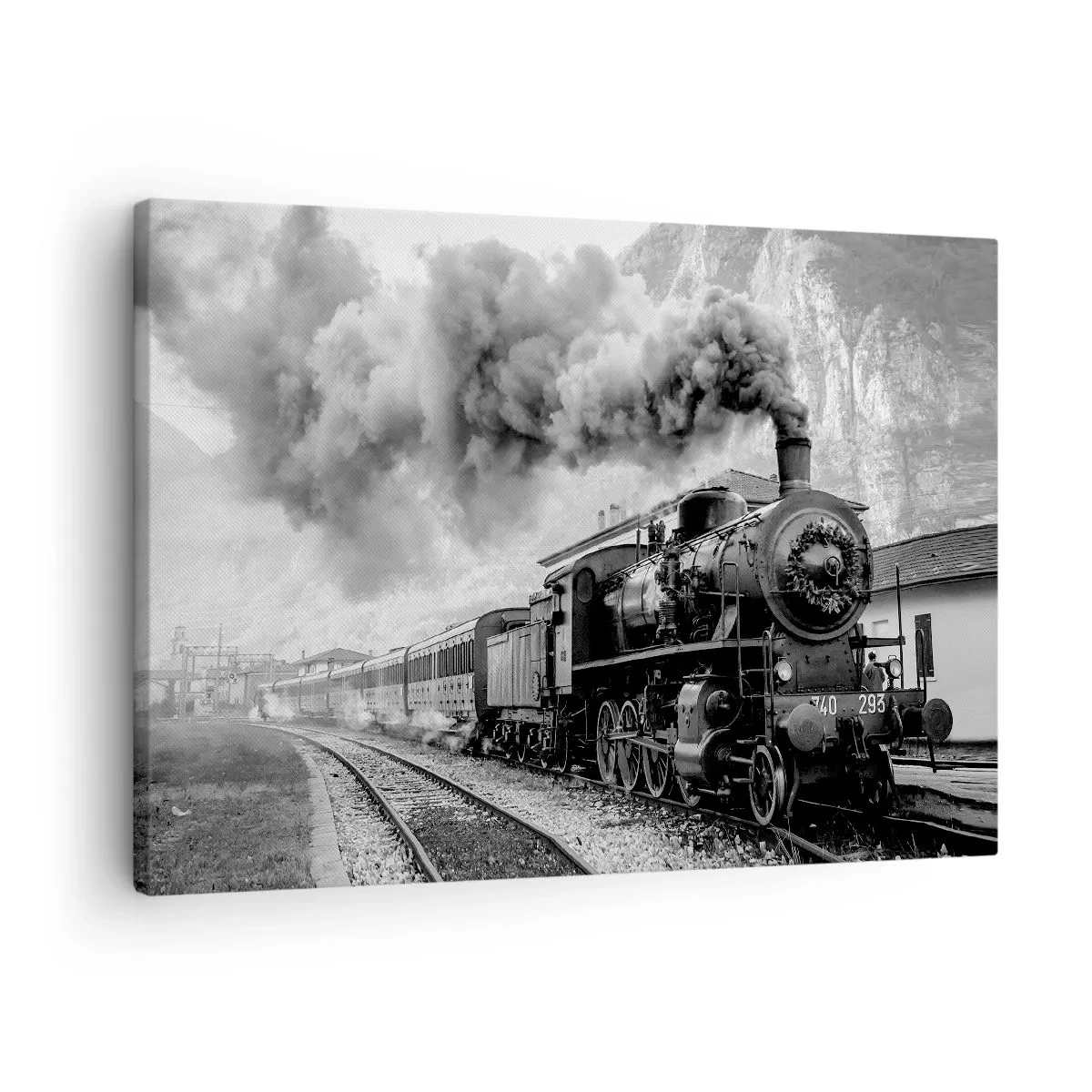 Quadro su tela - Stampe su Tela - Una locomotiva a vapore bianca e nera sullo sfondo di un paesaggio montano - 70x50cm - Ferma alla stazione... - Decorazione murale moderna per soggiorno e camera da letto ARTTOR