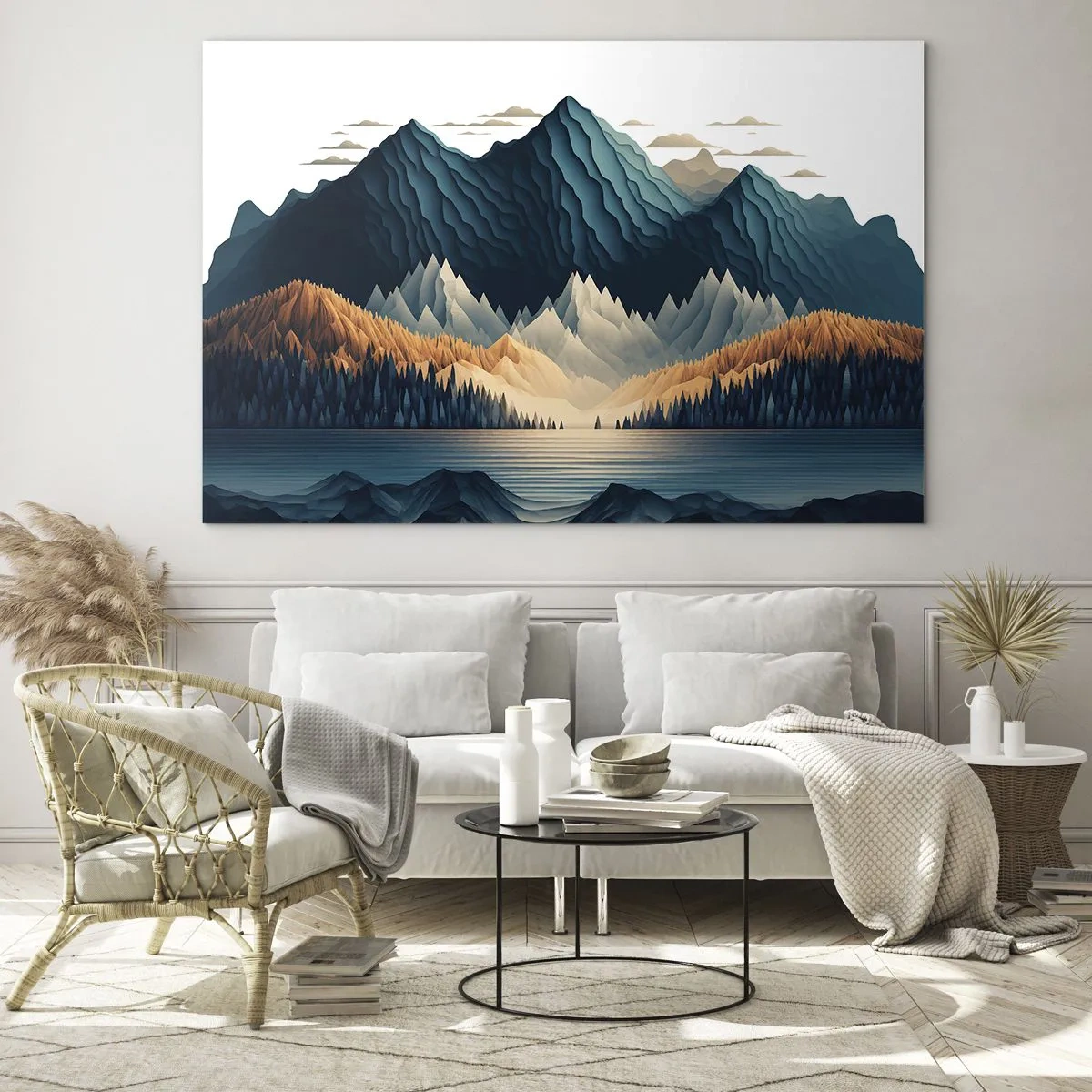 Quadro su vetro - Paesaggio montano stilizzato con una foresta e un lago - 70x50cm - Perfetto paesaggio montano - Decorazione murale moderna per soggiorno e camera da letto ARTTOR