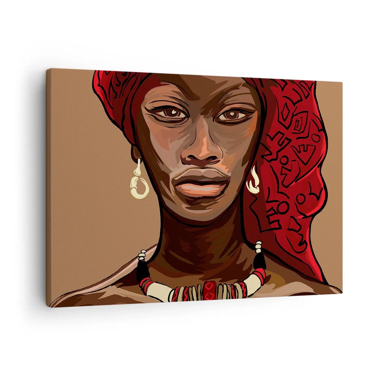 Quadro su tela - Stampe su Tela - Ritratto di una donna con un turbante rosso su sfondo beige - 70x50cm - Venere di ebano - Decorazione murale moderna per soggiorno e camera da letto ARTTOR