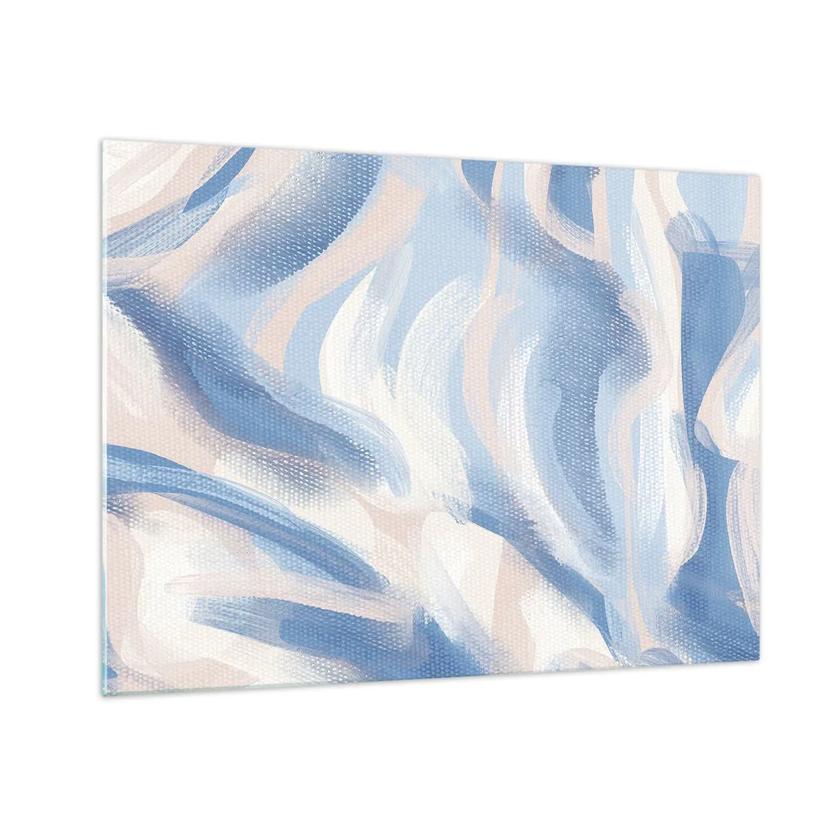 Quadro su vetro - Tratti astratti in blu, bianco e beige in una forma ondulata - 70x50cm - Ondulazioni azzurre - Decorazione murale moderna per soggiorno e camera da letto ARTTOR