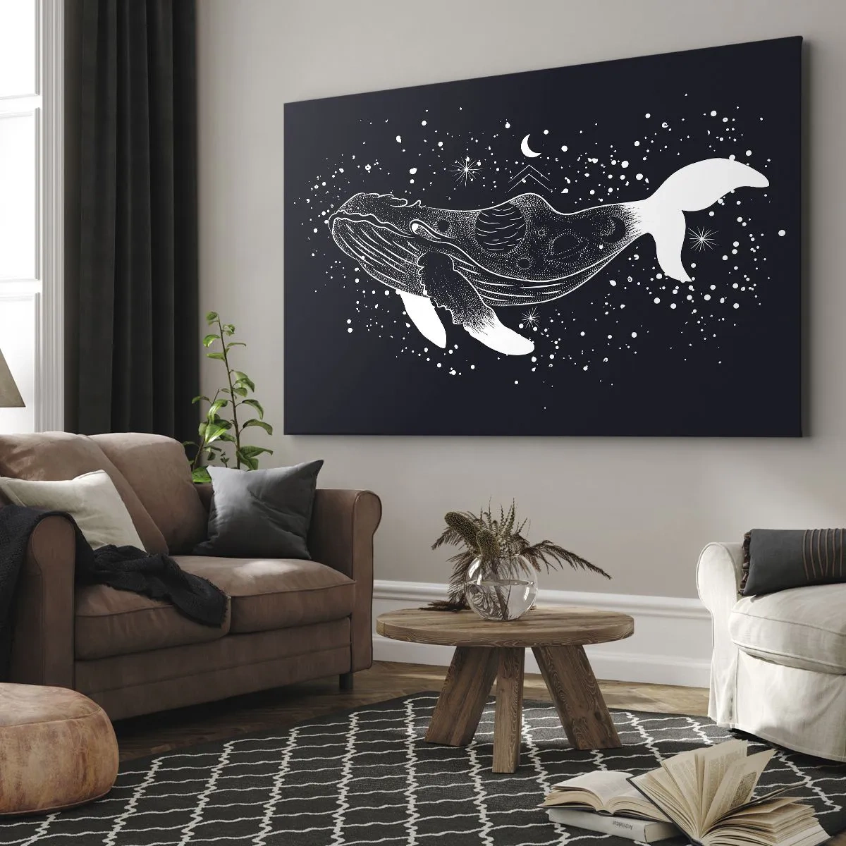 Quadro su tela - Stampe su Tela - Illustrazione grafica di una balena in stile spaziale. - 70x50cm - Nell'oceano dell'universo - Decorazione murale moderna per soggiorno e camera da letto ARTTOR