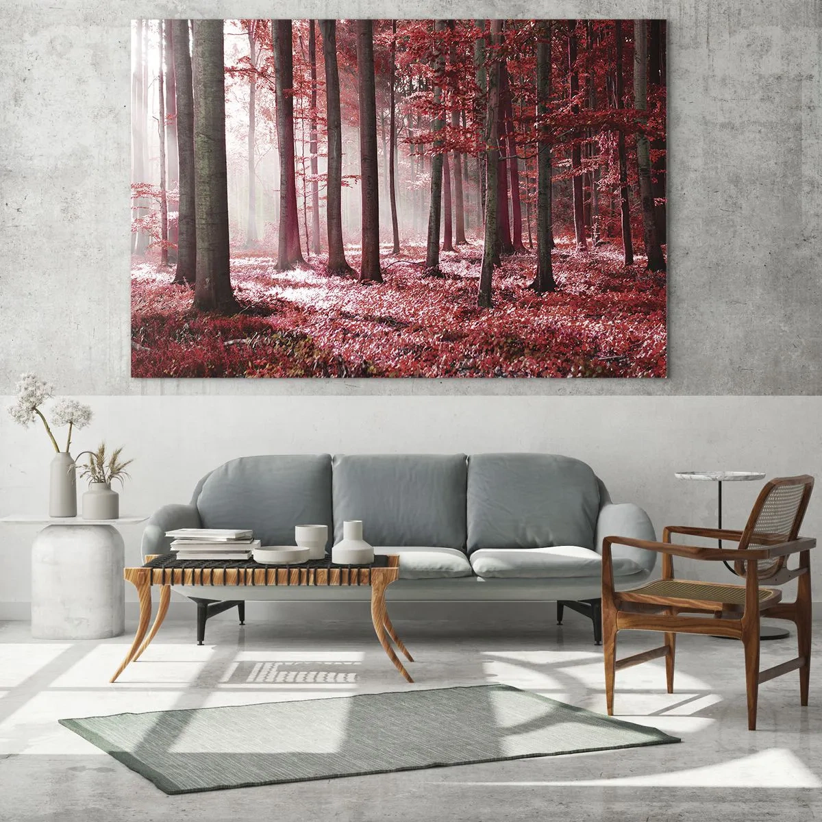 Quadro su vetro - Foresta autunnale nei colori rossi e nebbia mattutina - 70x50cm - Anche rosso è bello - Decorazione murale moderna per soggiorno e camera da letto ARTTOR