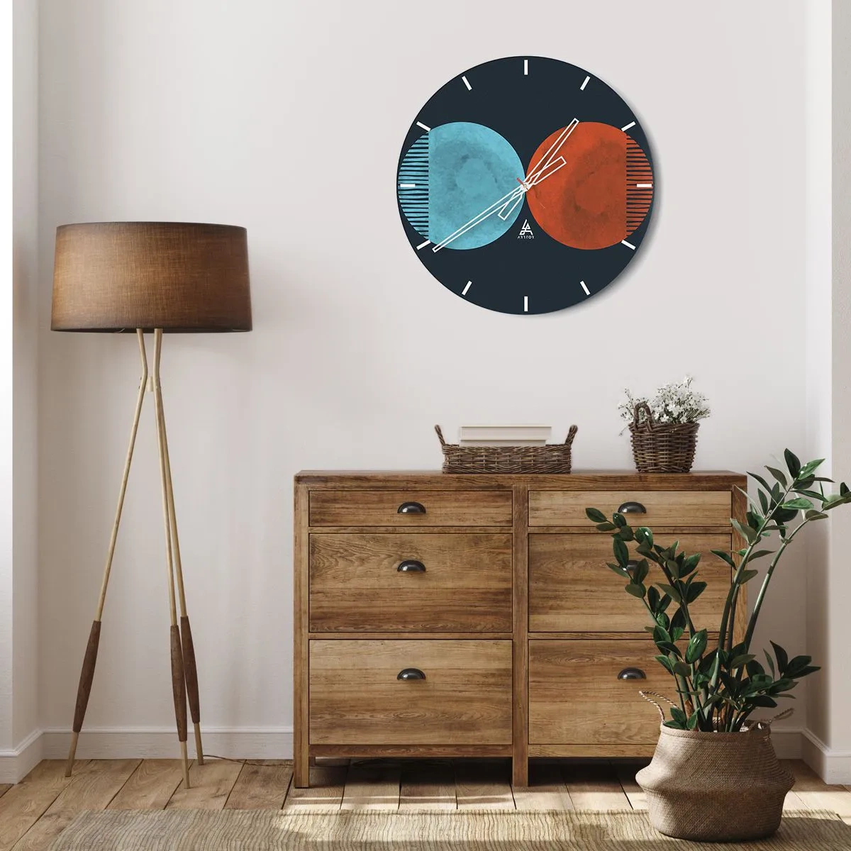 Orologio da parete - Orologio in Vetro - Una combinazione di cerchi blu e rossi con linee geometriche - 30x30cm - Solo geometria? - Decorazione murale moderna per soggiorno, cucina e camera da letto ARTTOR