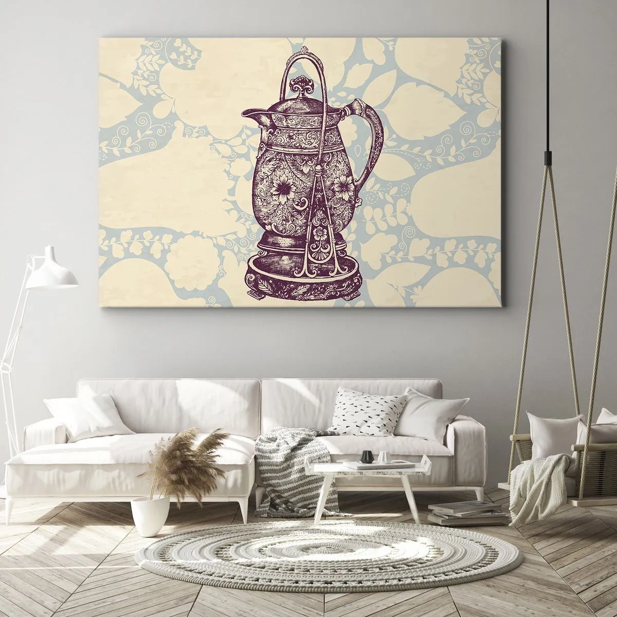 Quadro su tela - Stampe su Tela - Brocca stilizzata con ornamenti su sfondo floreale - 70x50cm - La bellezza del quotidiano - Decorazione murale moderna per soggiorno e camera da letto ARTTOR