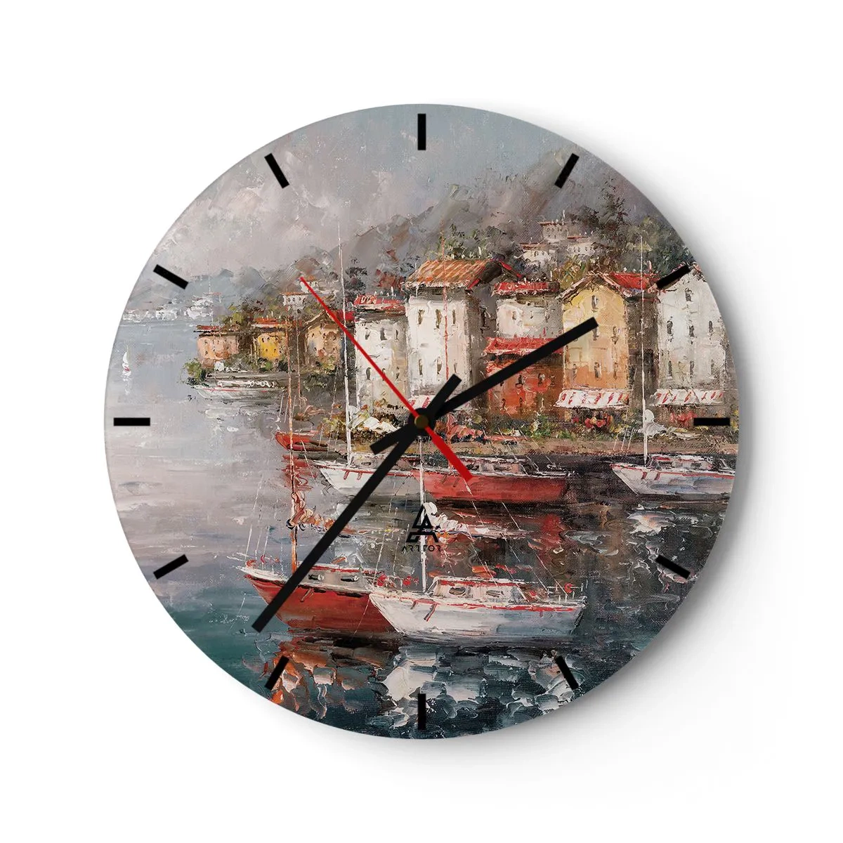 Orologio da parete - Orologio in Vetro - Un porto pittoresco con barche a vela ed edifici costieri - 30x30cm - Molo romantico - Decorazione murale moderna per soggiorno, cucina e camera da letto ARTTOR