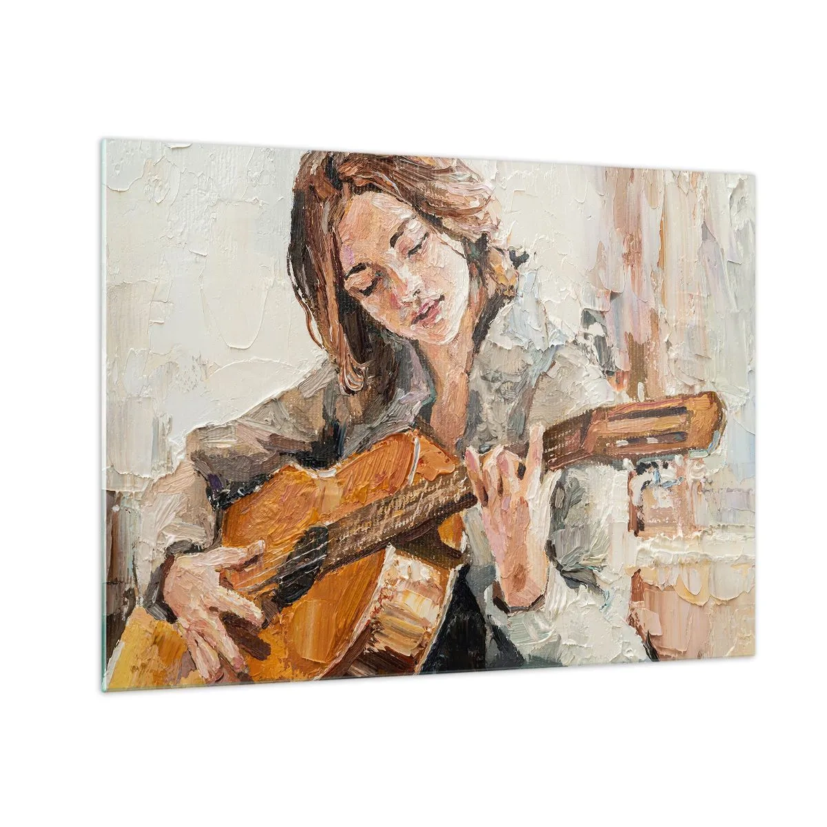 Quadro su vetro - Una ragazza che suona la chitarra in stile impressionista - 70x50cm - Concerto per chitarra e cuore di ragazza - Decorazione murale moderna per soggiorno e camera da letto ARTTOR