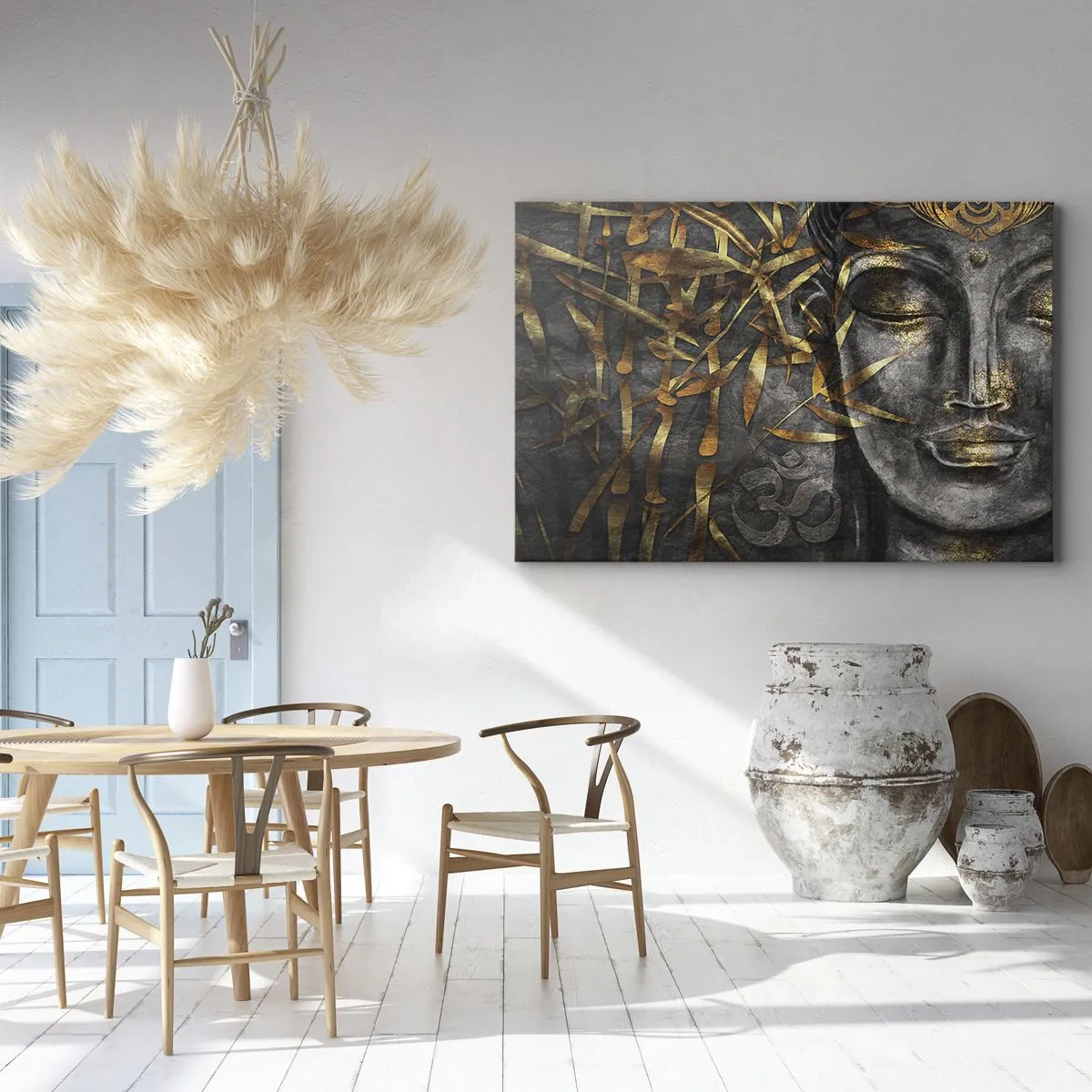 Quadro su tela - Stampe su Tela - Immagine del Buddha Zen con bambù dorati - 70x50cm - Senti la pace - Decorazione murale moderna per soggiorno e camera da letto ARTTOR