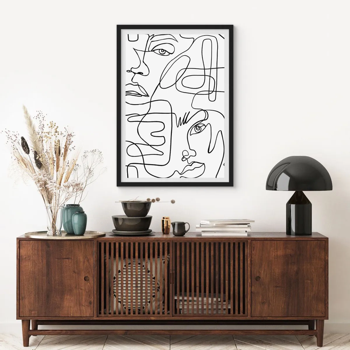 Poster in cornice nera - Volti astratti disegnati con una linea - 50x70cm - Emozioni intrecciate - Decorazione murale moderna per soggiorno e camera da letto ARTTOR