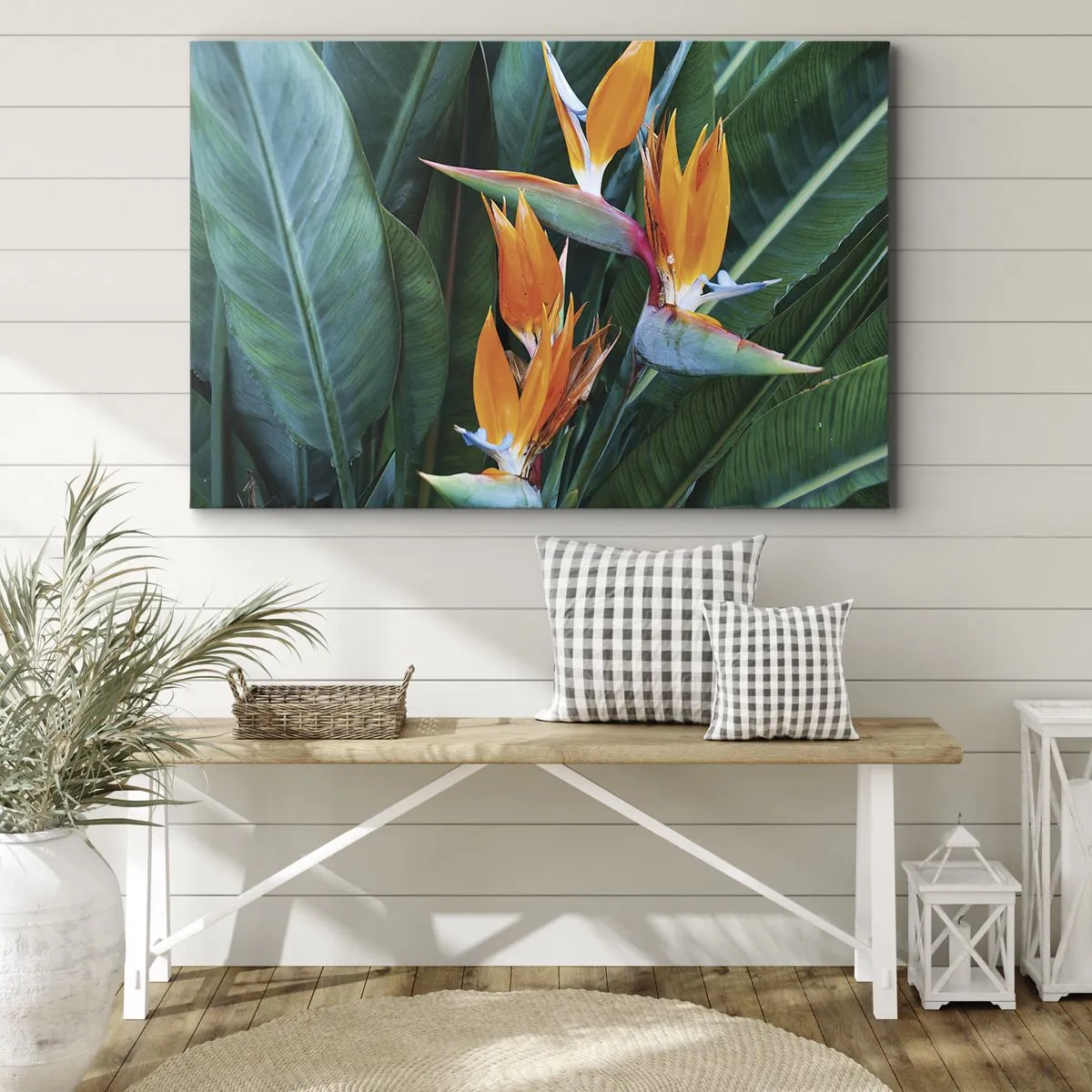 Quadro su tela - Stampe su Tela - Fiori esotici di strelitzia circondati da foglie verdi - 70x50cm - È un fiore o un uccello? - Decorazione murale moderna per soggiorno e camera da letto ARTTOR