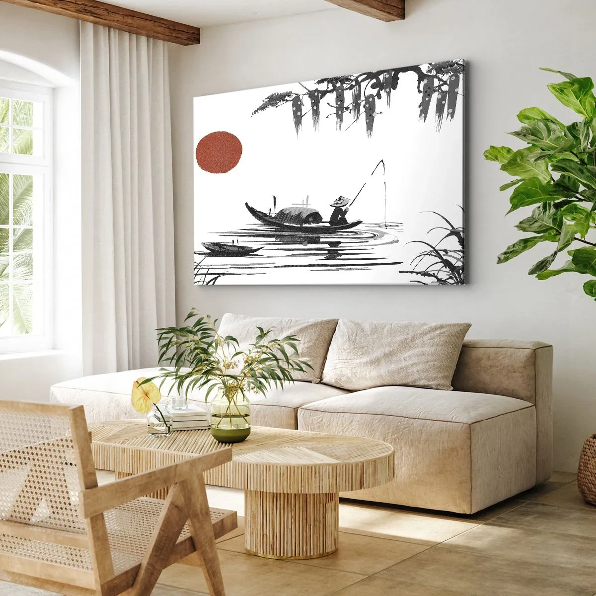 Quadro su tela - Stampe su Tela - Paesaggio orientale con un pescatore su una barca e un sole rosso - 70x50cm - Pomeriggio asiatico - Decorazione murale moderna per soggiorno e camera da letto ARTTOR
