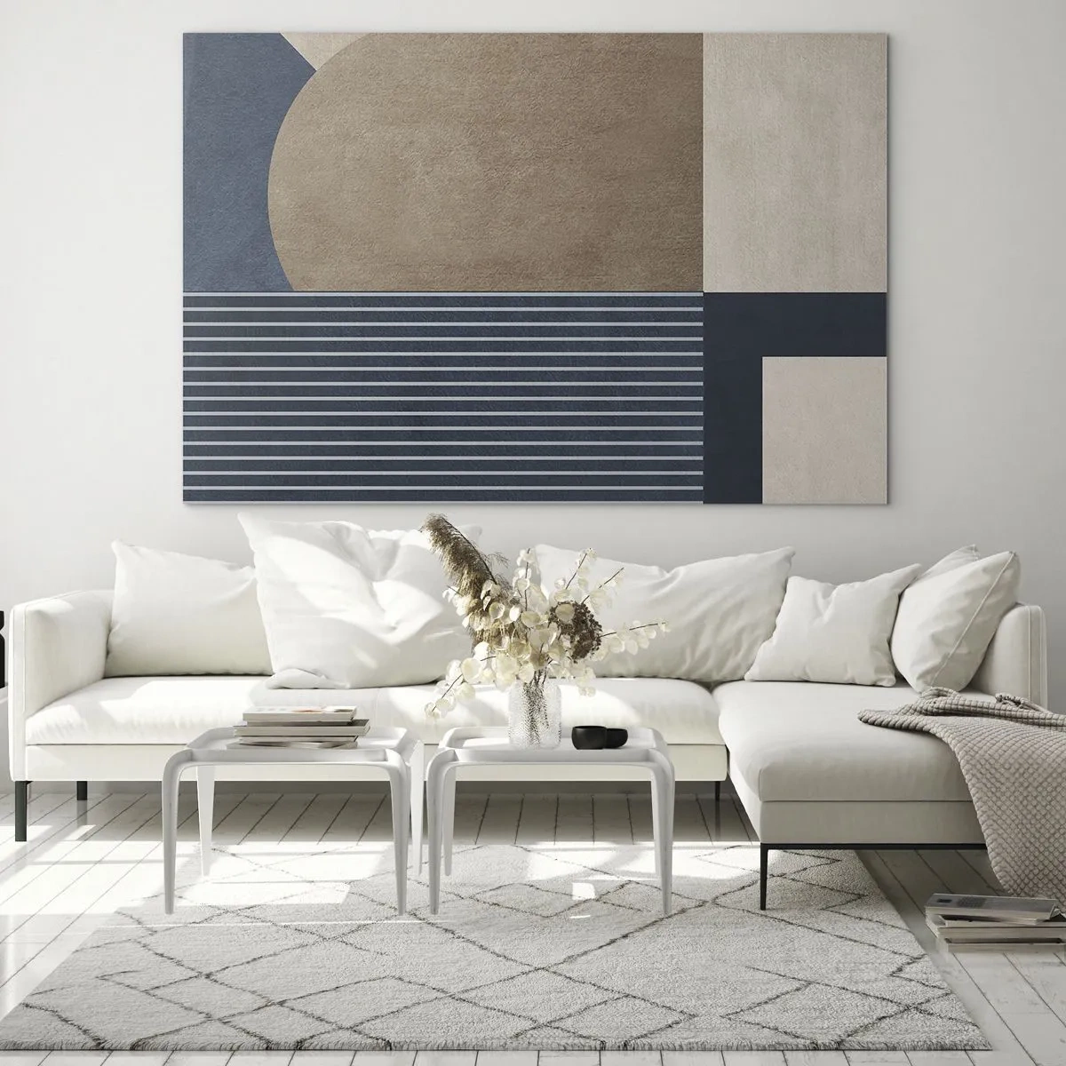 Quadro su vetro - Una forma minimalista con un cerchio e linee in beige - 70x50cm - Composizione di semplicità e rotondità - Decorazione murale moderna per soggiorno e camera da letto ARTTOR