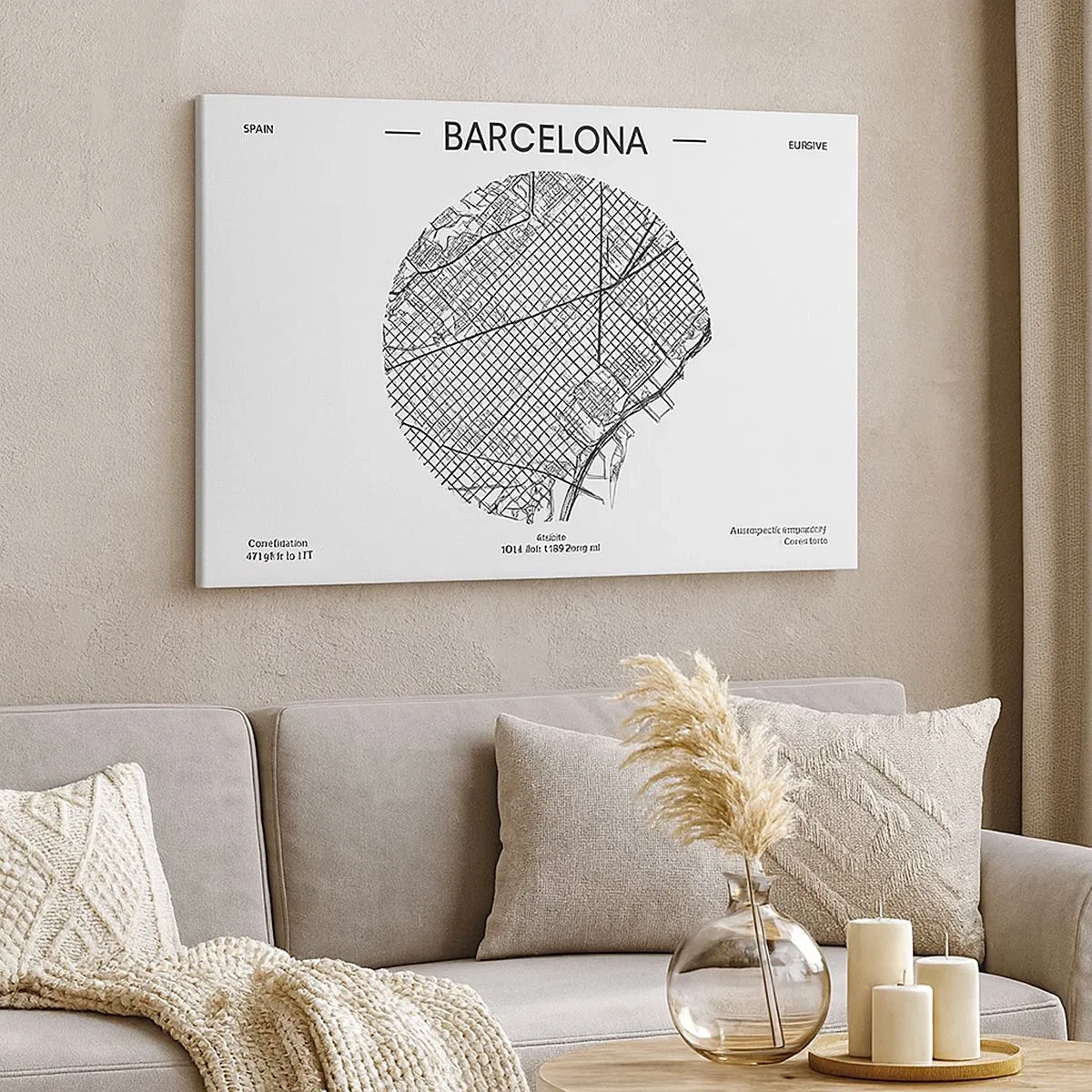 Quadro su tela - Stampe su Tela - Una mappa di Barcellona in stile minimalista in bianco e nero - 70x50cm - Anatomia di Barcellona - Decorazione murale moderna per soggiorno e camera da letto ARTTOR