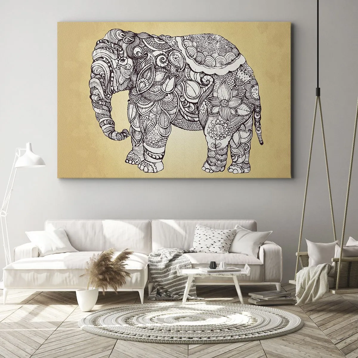 Quadro su tela - Stampe su Tela - Elefante disegnato a mano con motivo ornamentale su sfondo beige - 70x50cm - L'elefante nascosto - Decorazione murale moderna per soggiorno e camera da letto ARTTOR