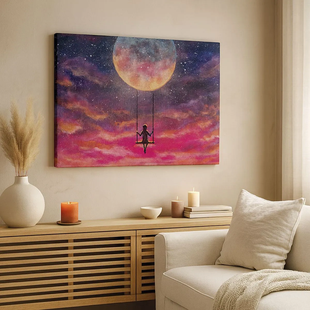 Quadro su tela - Stampe su Tela - Una figura su un'altalena sospesa contro la luna - 70x50cm - Con la testa tra le nuvole - Decorazione murale moderna per soggiorno e camera da letto ARTTOR