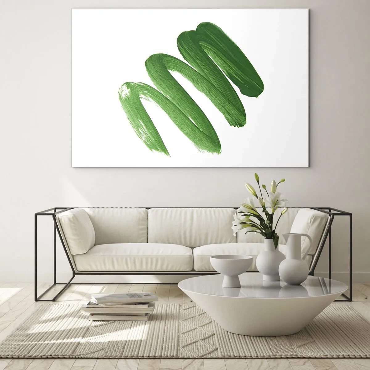 Quadro su vetro - Pennellata dinamica verde su sfondo bianco - 70x50cm - Scherzo verde - Decorazione murale moderna per soggiorno e camera da letto ARTTOR