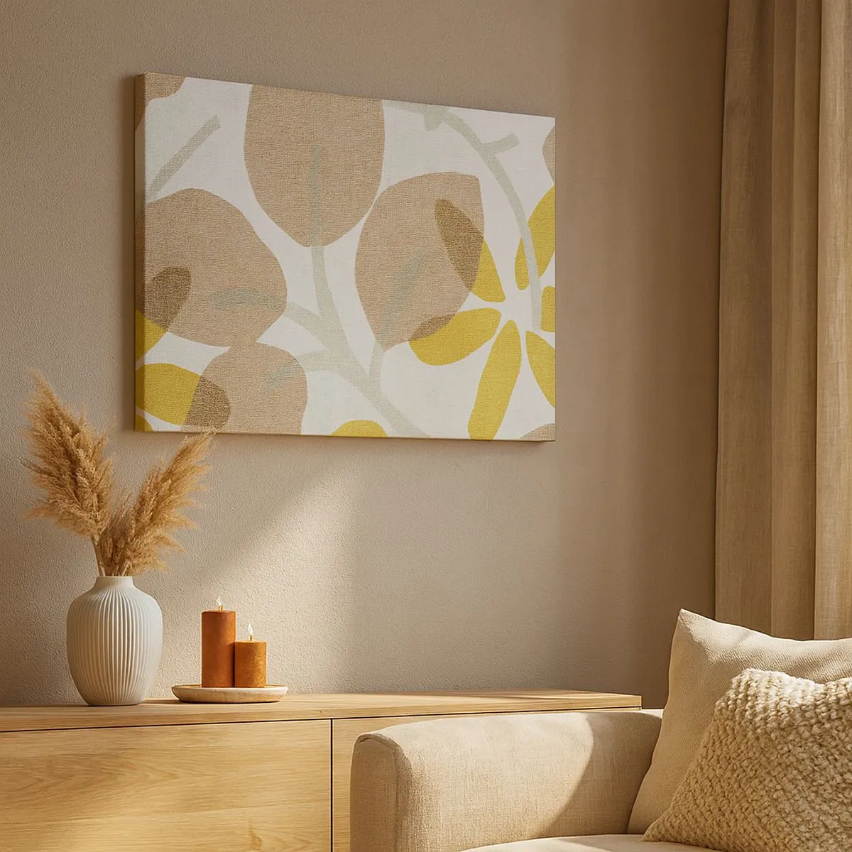 Quadro su tela - Stampe su Tela - Foglie astratte nei toni del beige e del giallo - 70x50cm - Composizione sotto al sole - Decorazione murale moderna per soggiorno e camera da letto ARTTOR