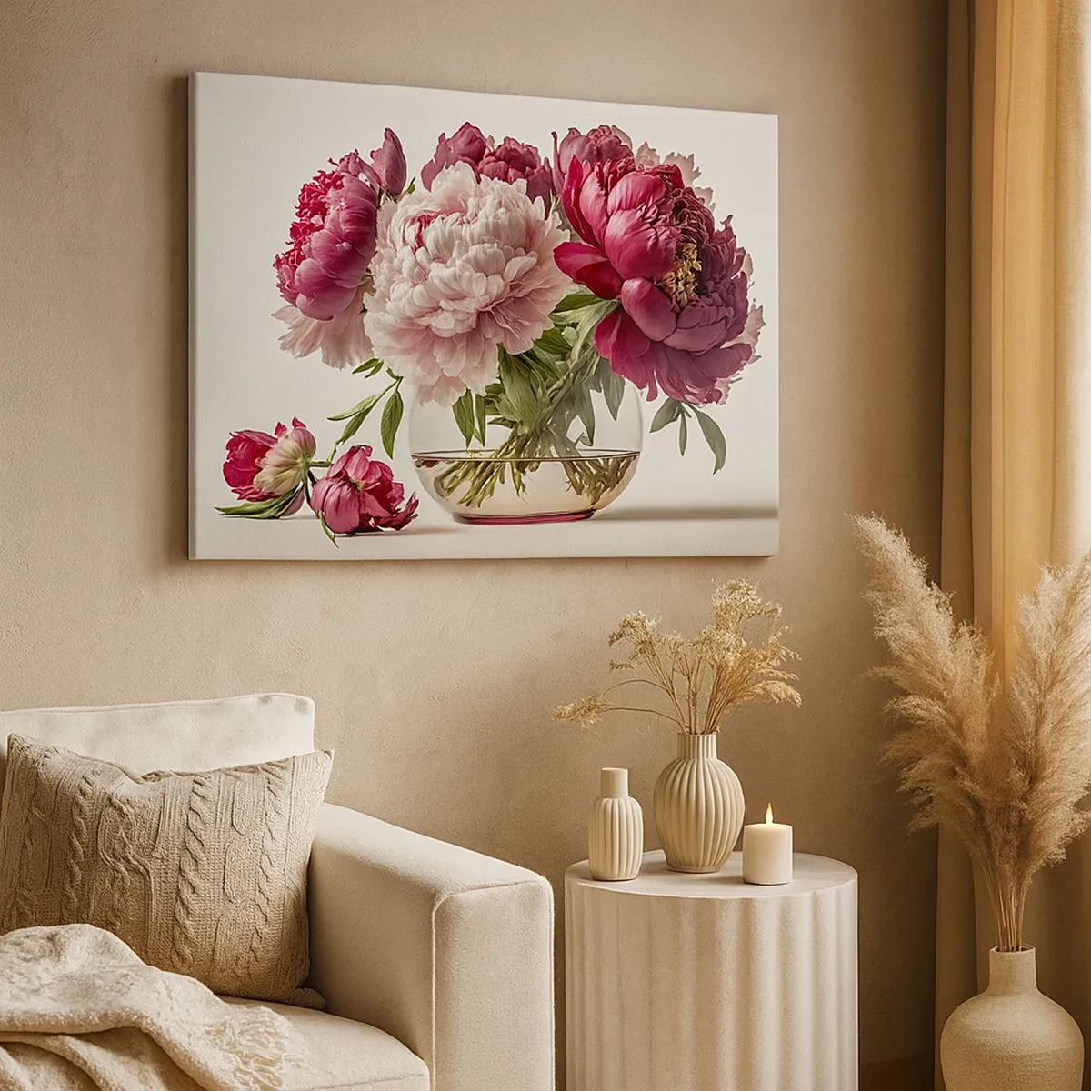 Quadro su tela - Stampe su Tela - Un bouquet di peonie nei toni del rosa e del rosso - 70x50cm - Bellezza in piena fioritura - Decorazione murale moderna per soggiorno e camera da letto ARTTOR