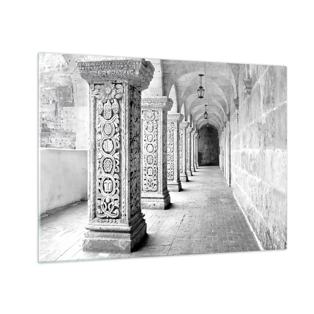 Quadro su vetro - Chiostro storico con colonne scolpite - 70x50cm - Dove porterà? - Decorazione murale moderna per soggiorno e camera da letto ARTTOR