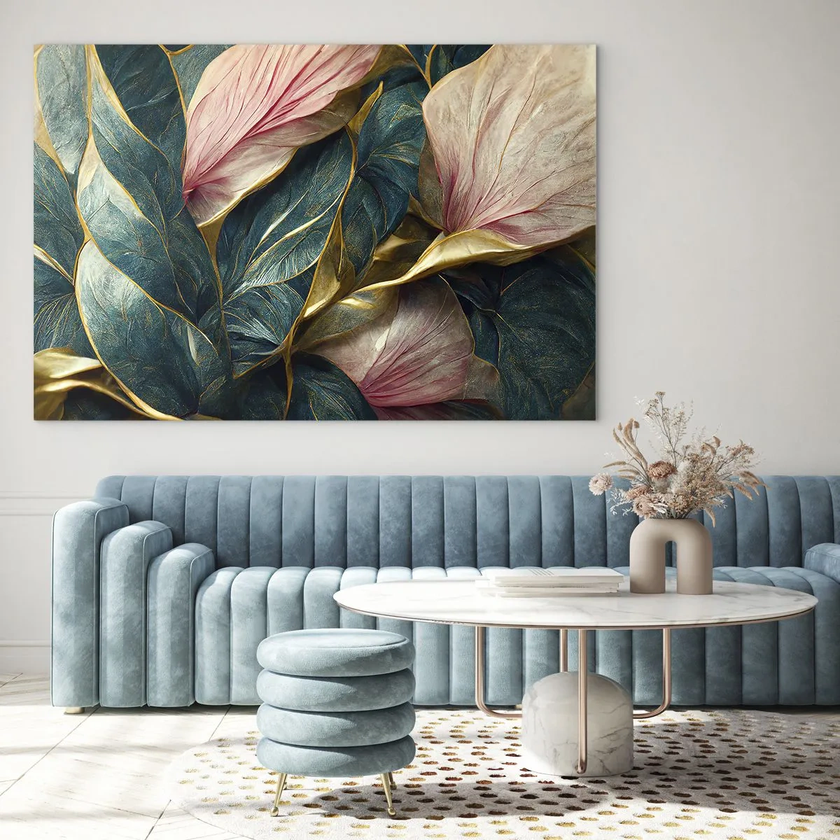 Quadro su vetro - Foglie verdi e rosa con accenti dorati - 70x50cm - Stile ed eleganza naturali - Decorazione murale moderna per soggiorno e camera da letto ARTTOR
