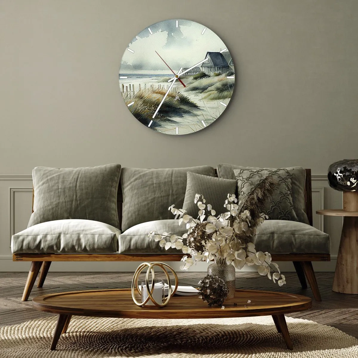 Orologio da parete - Orologio in Vetro - Case sulle dune in stile acquerello su una tranquilla spiaggia - 30x30cm - Lontano dal caos - Decorazione murale moderna per soggiorno, cucina e camera da letto ARTTOR