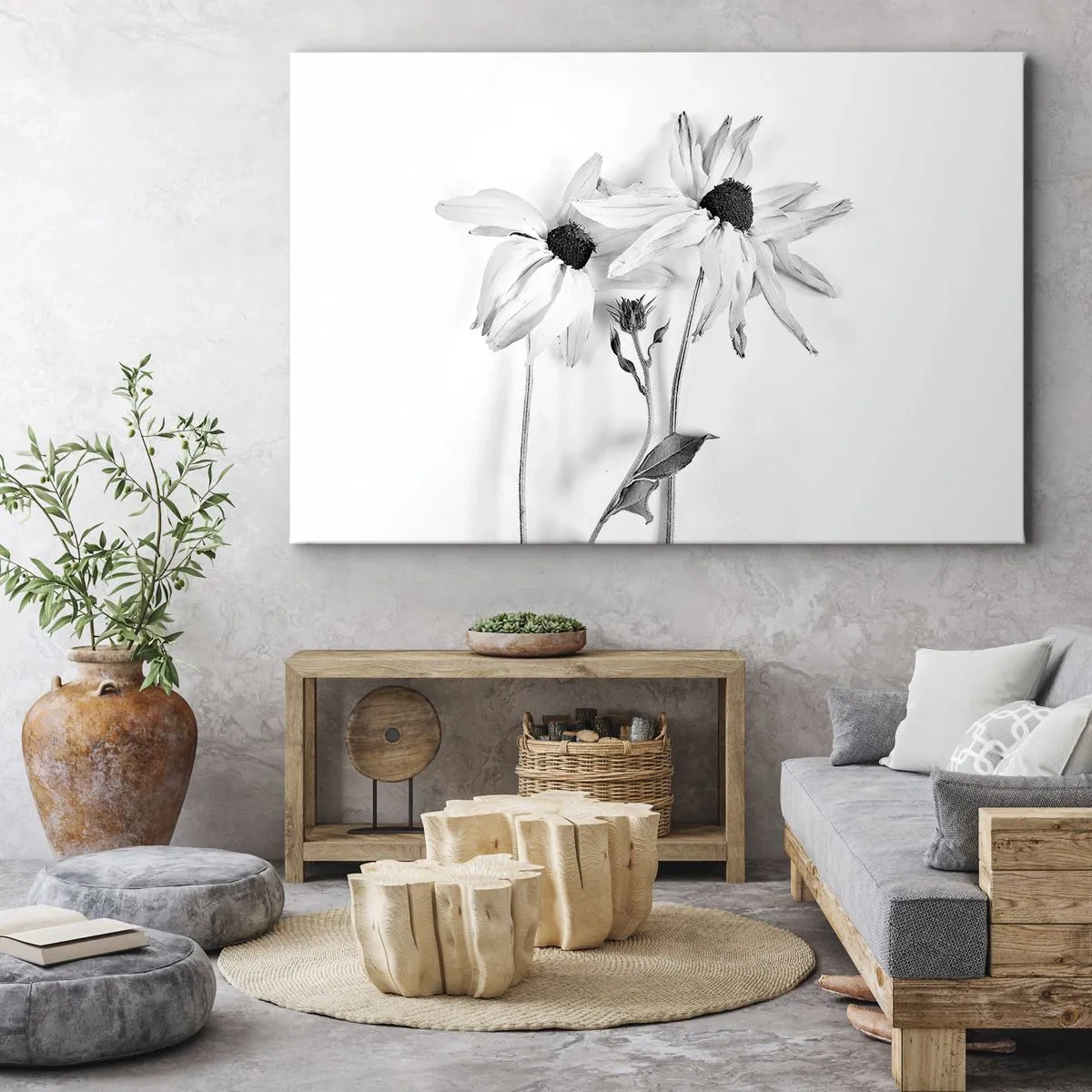 Quadro su tela - Stampe su Tela - Fiori bianchi e neri con una composizione delicata - 70x50cm - Nessuno vuole essere solo - Decorazione murale moderna per soggiorno e camera da letto ARTTOR