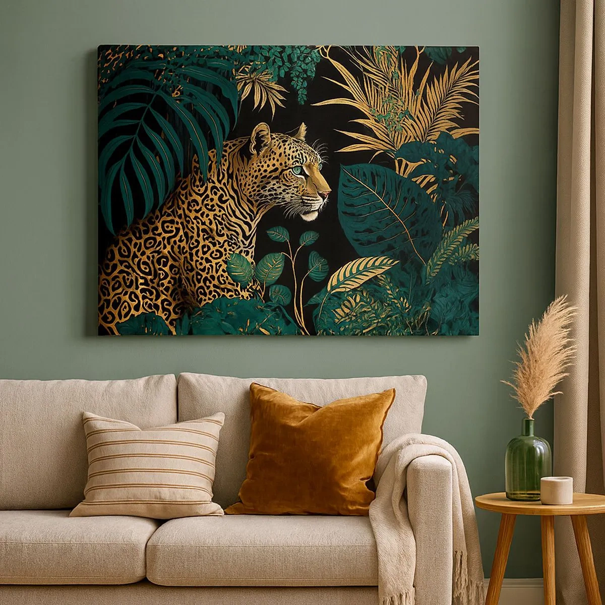 Quadro su tela - Stampe su Tela - Leopardo tra foglie tropicali su sfondo nero - 70x50cm - Il signore della giungla - Decorazione murale moderna per soggiorno e camera da letto ARTTOR