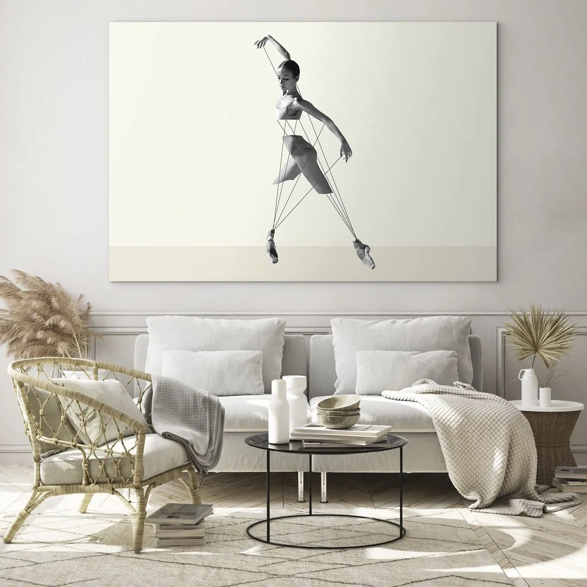Quadro su vetro - Silhouette in bianco e nero di una ballerina con motivo a linee geometriche - 70x50cm - Nel teatro del mondo - Decorazione murale moderna per soggiorno e camera da letto ARTTOR