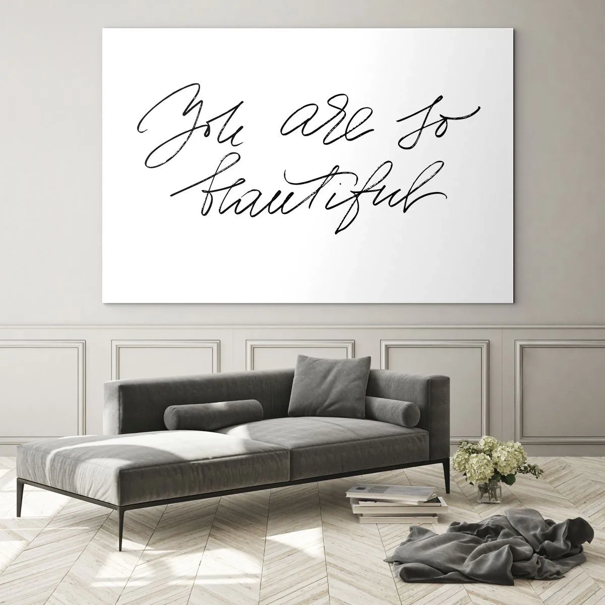 Quadro su vetro - Citazione "Sei così bella" in uno stile elegante e calligrafico - 70x50cm - Davvero, credimi... - Decorazione murale moderna per soggiorno e camera da letto ARTTOR