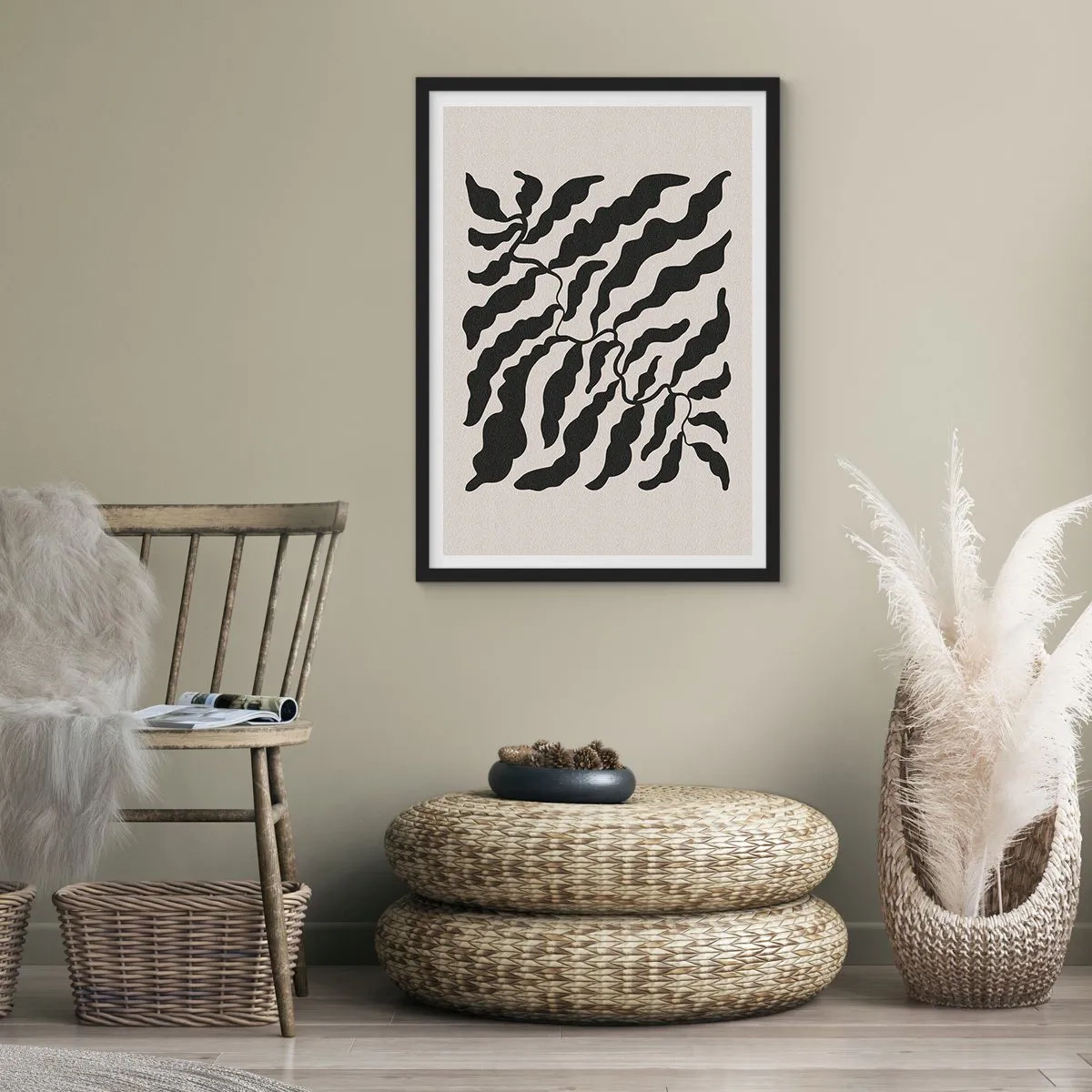 Poster in cornice nera - Composizione vegetale astratta in nero su sfondo beige - 50x70cm - La natura del quadrato - Decorazione murale moderna per soggiorno e camera da letto ARTTOR