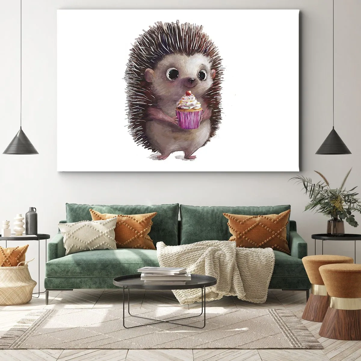 Quadro su tela - Stampe su Tela - Un simpatico riccio con un cupcake - 70x50cm - Festa ogni giorno - Decorazione murale moderna per soggiorno e camera da letto ARTTOR