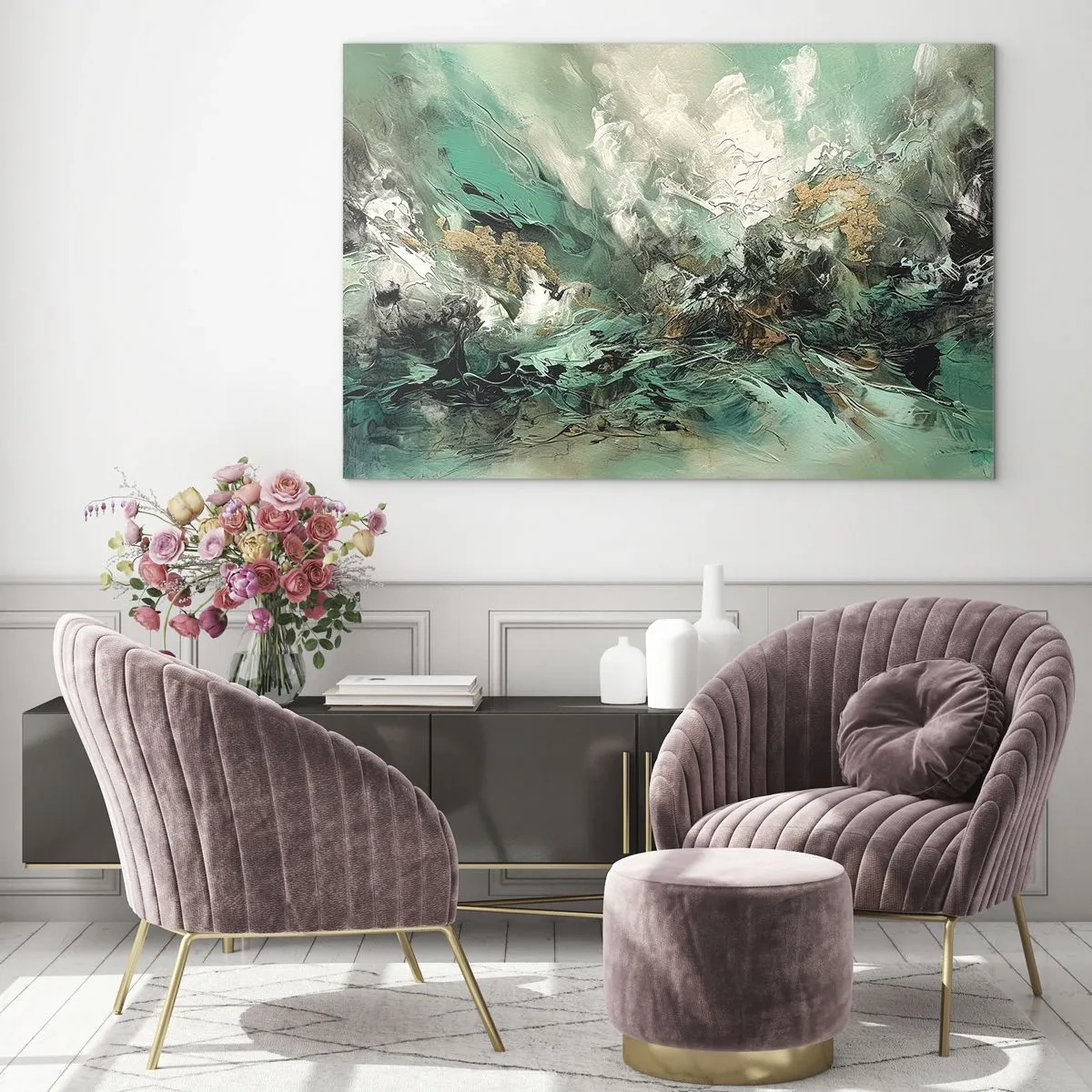 Quadro su vetro - Una composizione astratta nei toni dello smeraldo, del nero e del bianco. - 70x50cm - Frangente nero e smeraldo - Decorazione murale moderna per soggiorno e camera da letto ARTTOR