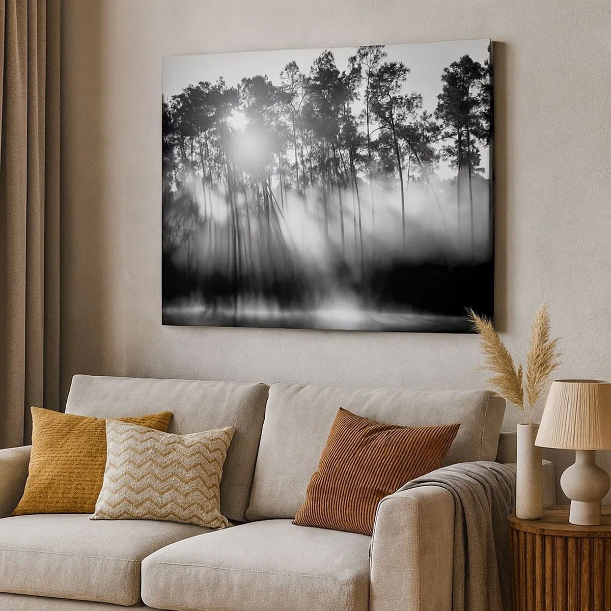 Quadro su tela - Stampe su Tela - Foresta bianca e nera nella nebbia mattutina - 70x50cm - Sole irrefrenabile - Decorazione murale moderna per soggiorno e camera da letto ARTTOR