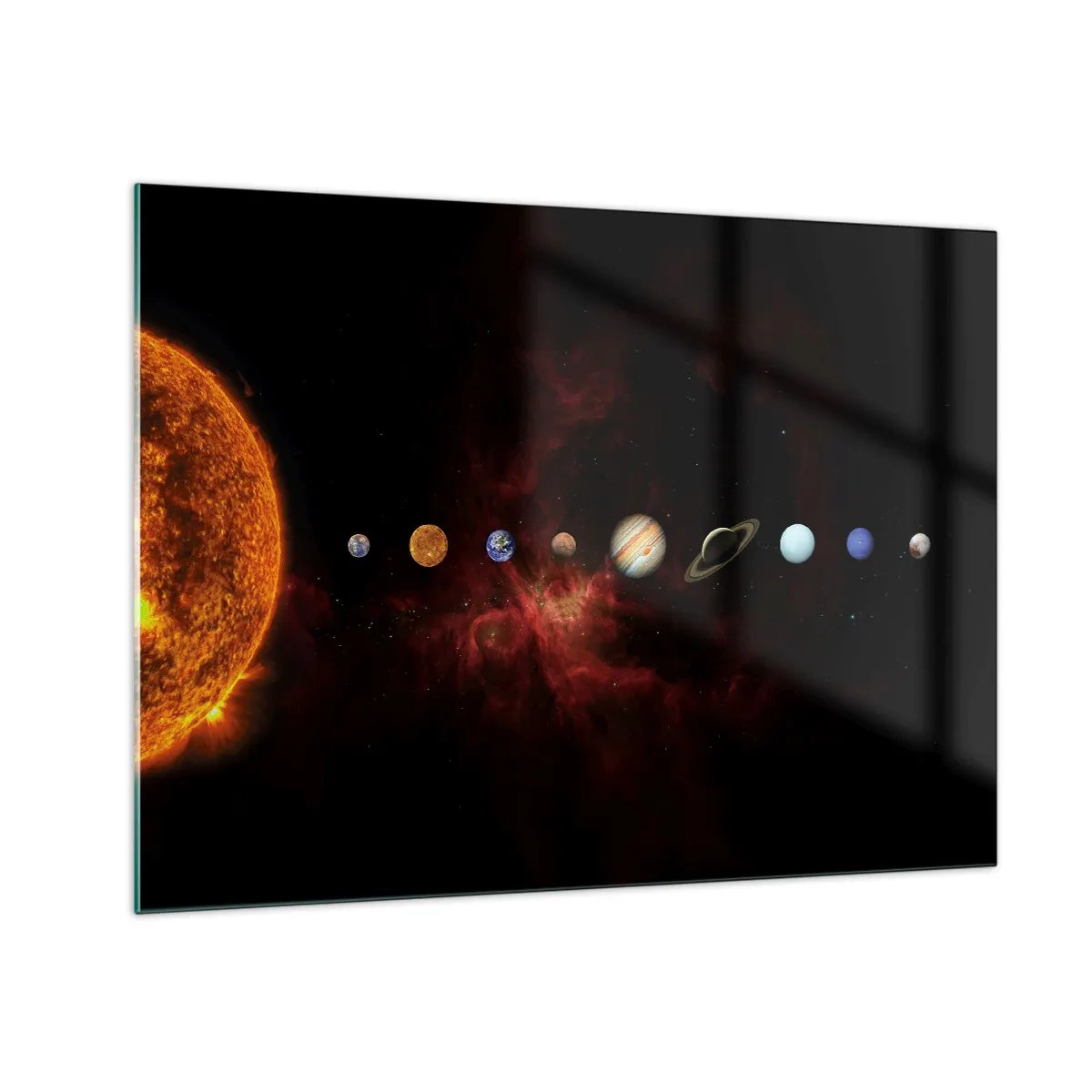 Quadro su vetro - Sistema planetario con il Sole su sfondo nero - 70x50cm - Il nostro vicinato - Decorazione murale moderna per soggiorno e camera da letto ARTTOR
