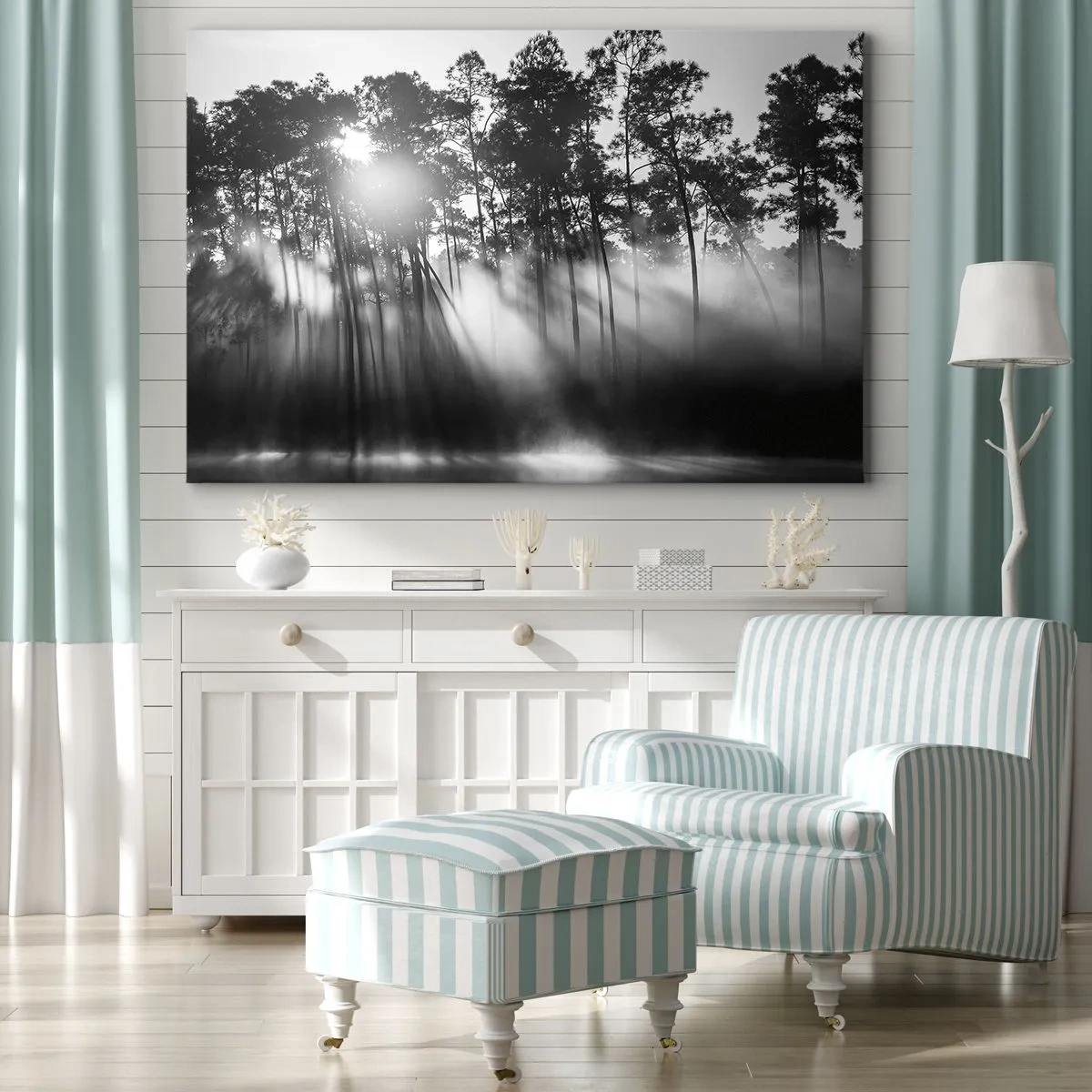 Quadro su tela - Stampe su Tela - Foresta bianca e nera nella nebbia mattutina - 70x50cm - Sole irrefrenabile - Decorazione murale moderna per soggiorno e camera da letto ARTTOR