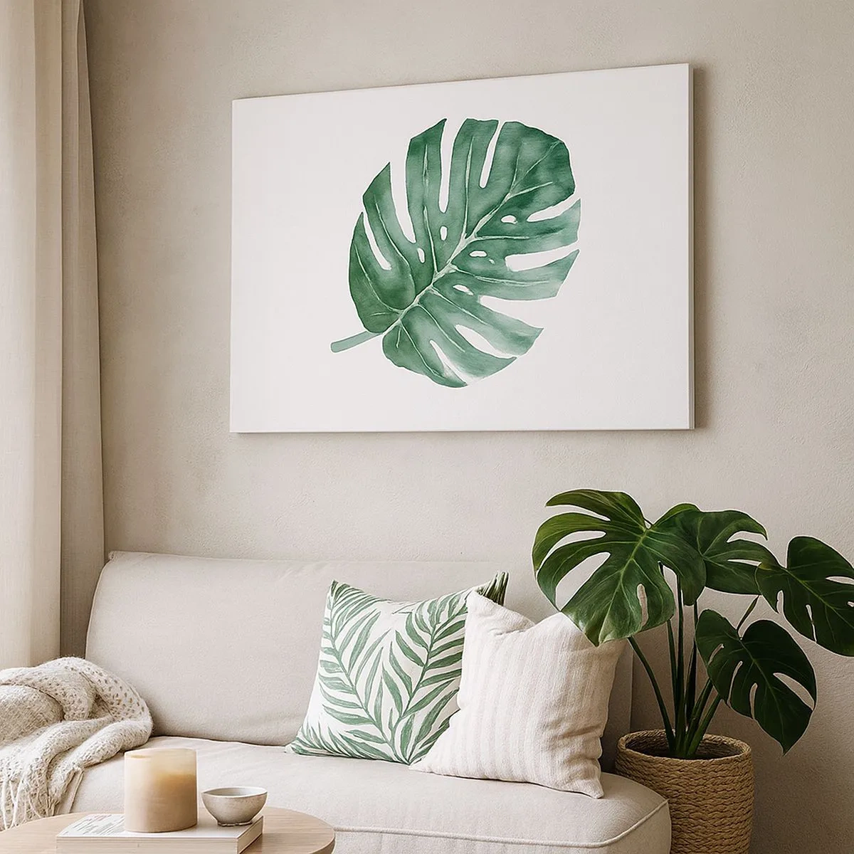 Quadro su tela - Stampe su Tela - Foglia di monstera verde in stile minimalista - 70x50cm - Concetto verde - Decorazione murale moderna per soggiorno e camera da letto ARTTOR