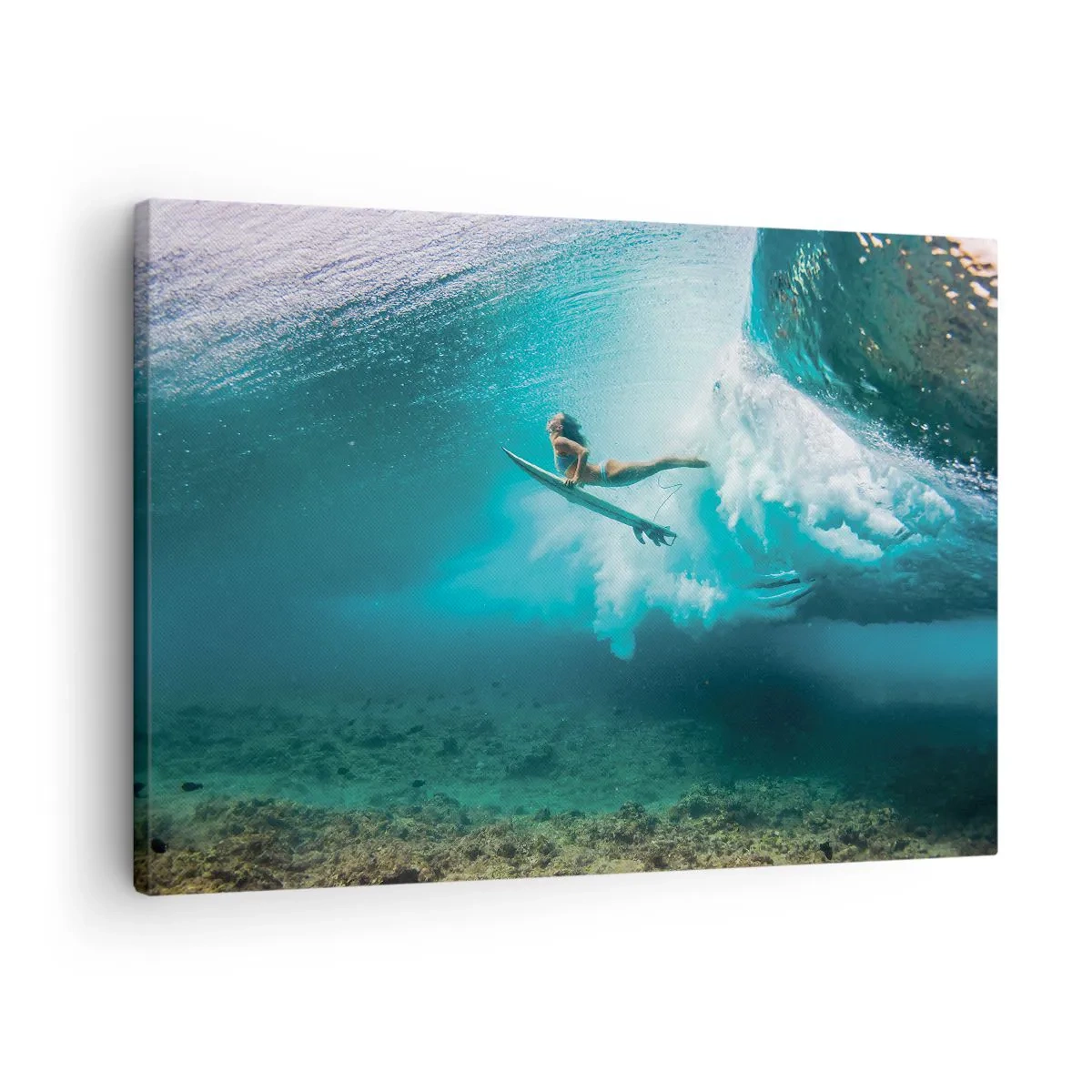 Quadro su tela - Stampe su Tela - Surfista sotto un'onda nell'acqua blu dell'oceano - 70x50cm - Mondo subacqueo - Decorazione murale moderna per soggiorno e camera da letto ARTTOR