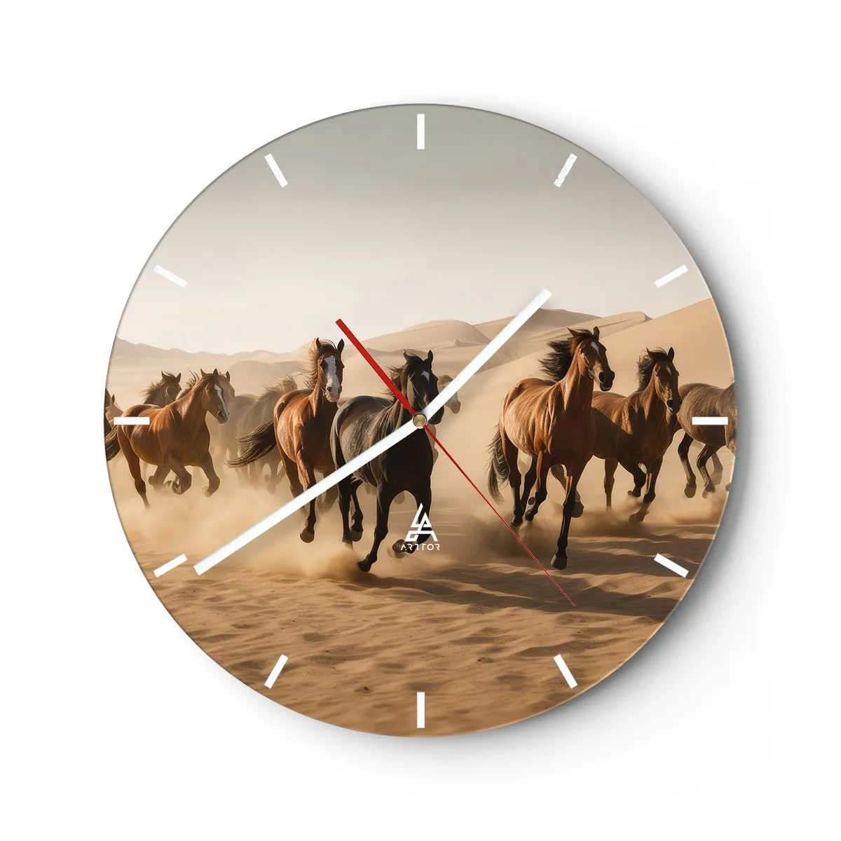 Orologio da parete - Orologio in Vetro - Cavalli al galoppo sullo sfondo delle dune del deserto - 30x30cm - Liberi come il vento - Decorazione murale moderna per soggiorno, cucina e camera da letto ARTTOR