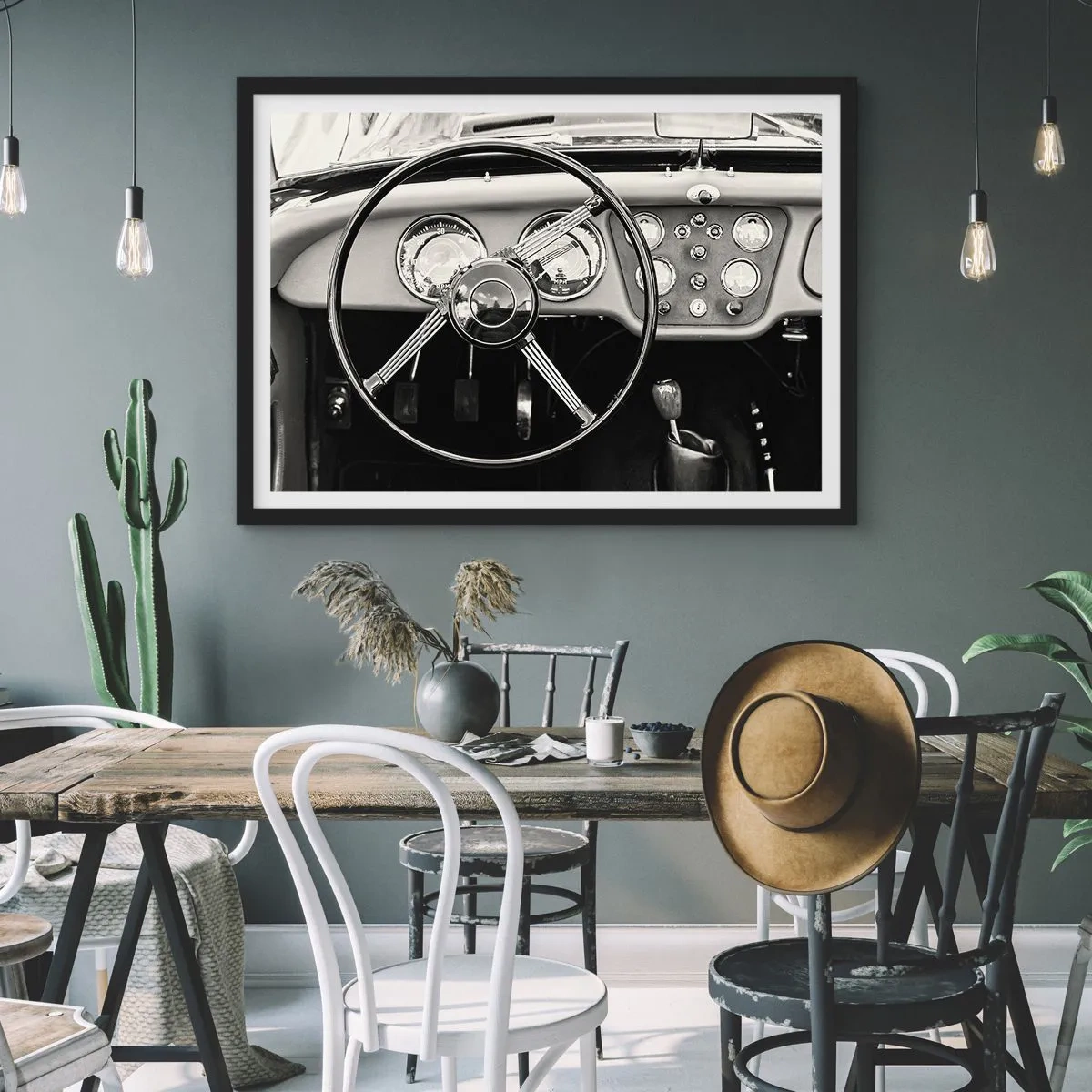 Poster in cornice nera - Interni di auto d'epoca in bianco e nero - 70x50cm - Il sogno del collezionista - Decorazione murale moderna per soggiorno e camera da letto ARTTOR