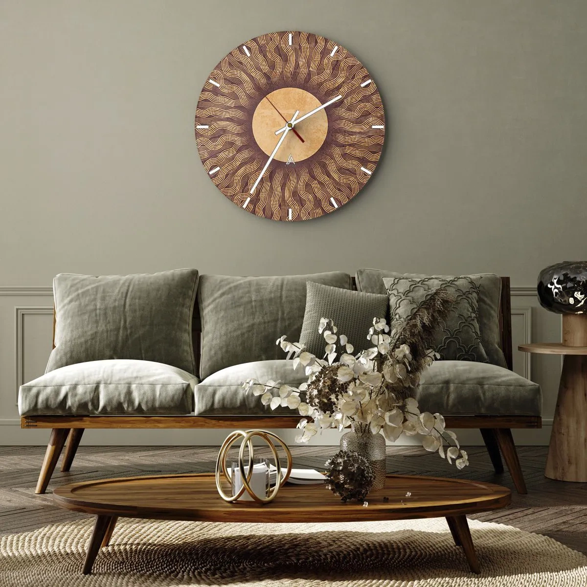 Orologio da parete - Orologio in Vetro - Meridiana con motivo radiante in colori caldi - 30x30cm - L'icona del sole - Decorazione murale moderna per soggiorno, cucina e camera da letto ARTTOR