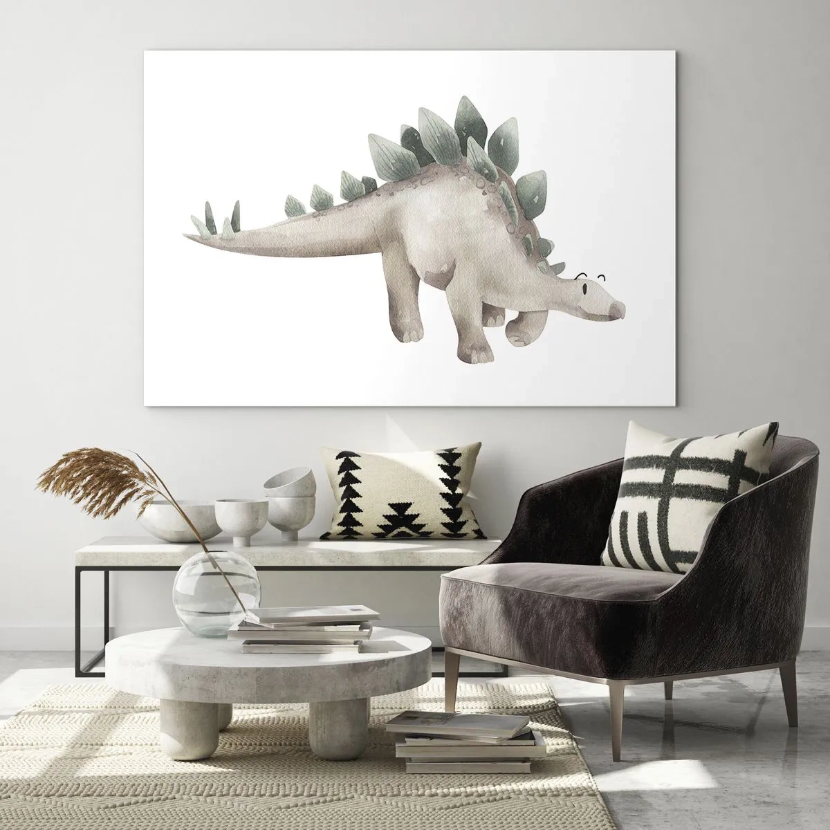Quadro su vetro - Un simpatico dinosauro dai colori pastello su sfondo bianco - 70x50cm - Sono vostro amico - Decorazione murale moderna per soggiorno e camera da letto ARTTOR