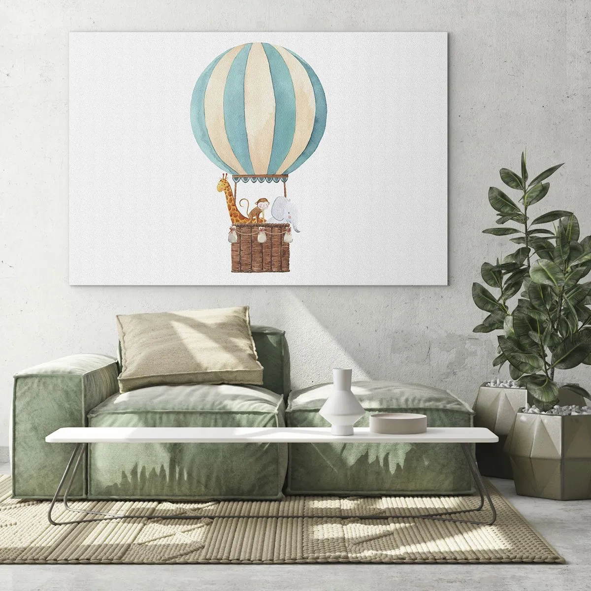 Quadro su vetro - Un palloncino con una giraffa, una scimmia e un elefante su uno sfondo bianco - 70x50cm - Una gita fantastica - Decorazione murale moderna per soggiorno e camera da letto ARTTOR