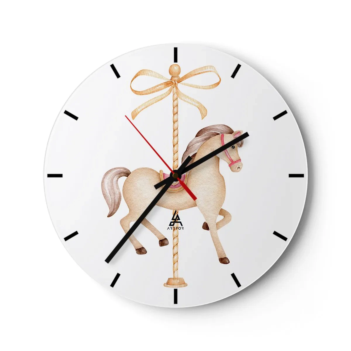 Orologio da parete - Orologio in Vetro - Un cavallo da giostra marrone chiaro su uno sfondo con un fiocco decorativo - 30x30cm - Trotto aggraziato - Decorazione murale moderna per soggiorno, cucina e camera da letto ARTTOR