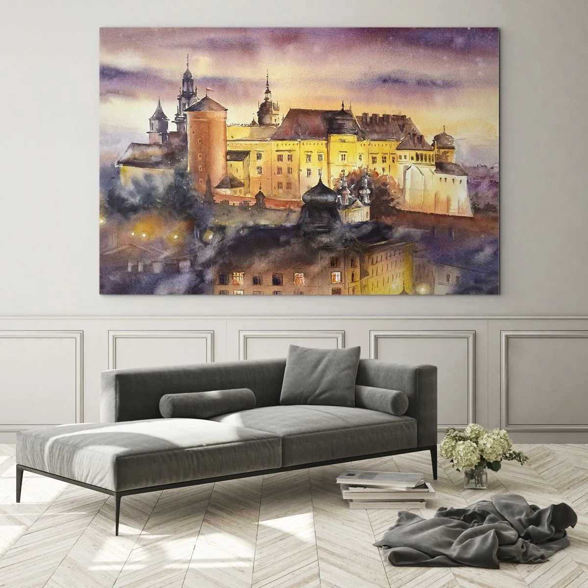 Quadro su vetro - Illustrazione ad acquerello di un castello su una collina al tramonto - 70x50cm - Storia e fiaba - Decorazione murale moderna per soggiorno e camera da letto ARTTOR