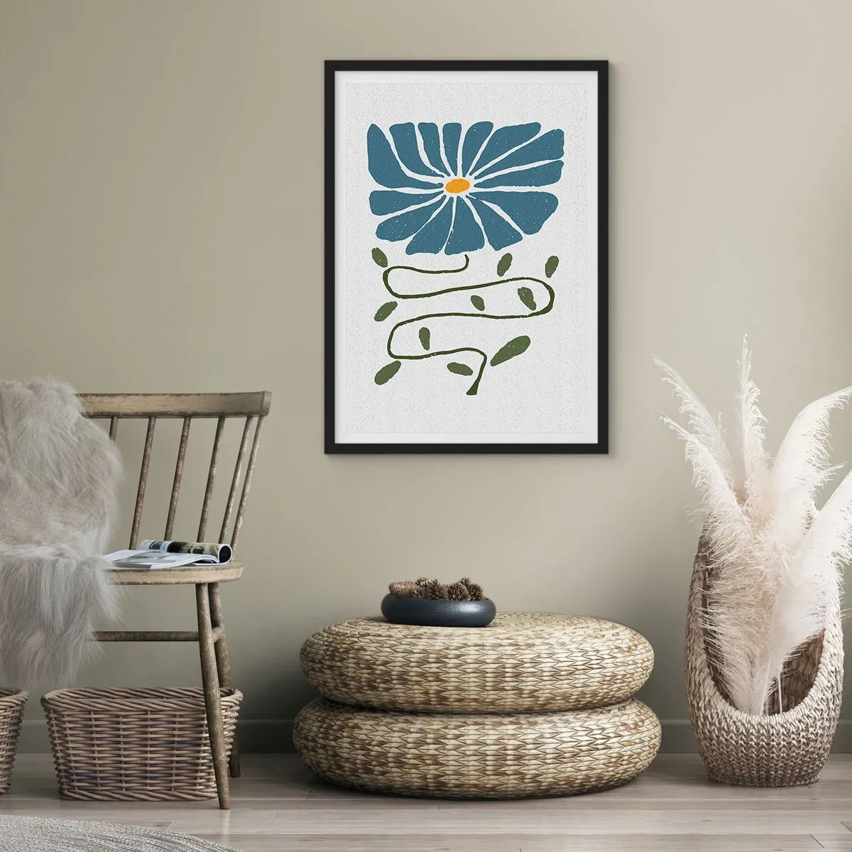 Poster in cornice nera - Un fiore blu con uno stelo sinuoso su uno sfondo chiaro - 50x70cm - Il ramo del fiore - Decorazione murale moderna per soggiorno e camera da letto ARTTOR