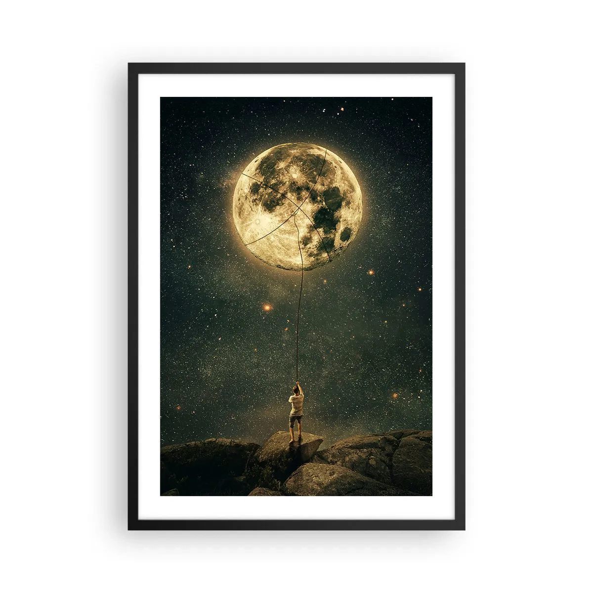 Poster in cornice nera - Una figura che tiene la luna con una corda in un paesaggio stellato. - 50x70cm - Chi ha rubato la luna - Decorazione murale moderna per soggiorno e camera da letto ARTTOR