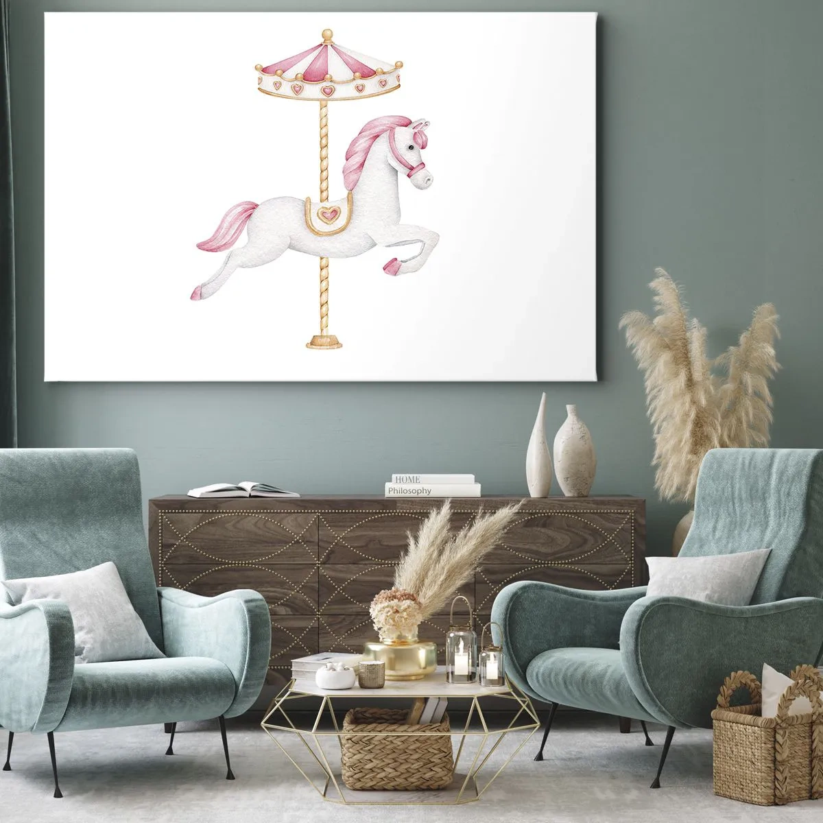 Quadro su tela - Stampe su Tela - Un cavallo da giostra nei toni pastello del rosa - 70x50cm - Partito al galoppo. - Decorazione murale moderna per soggiorno e camera da letto ARTTOR
