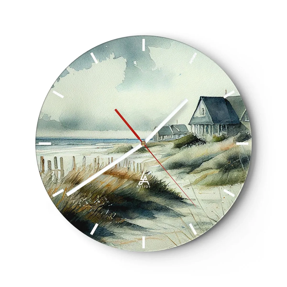 Orologio da parete - Orologio in Vetro - Case sulle dune in stile acquerello su una tranquilla spiaggia - 30x30cm - Lontano dal caos - Decorazione murale moderna per soggiorno, cucina e camera da letto ARTTOR