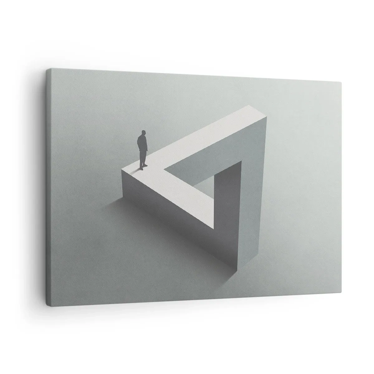 Quadro su tela - Stampe su Tela - Una figura in piedi su un triangolo di Penrose in tonalità di grigio. - 70x50cm - Eppure è possibile - Decorazione murale moderna per soggiorno e camera da letto ARTTOR