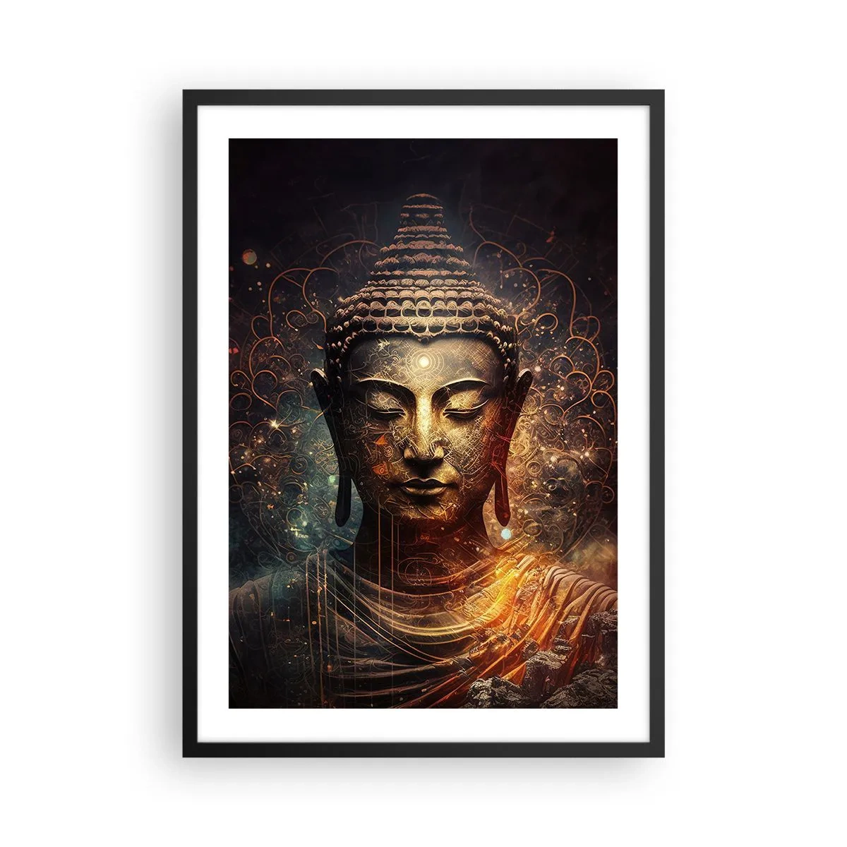 Poster in cornice nera - Immagine mistica del Buddha in tonalità dorate - 50x70cm - Equilibrio spirituale - Decorazione murale moderna per soggiorno e camera da letto ARTTOR