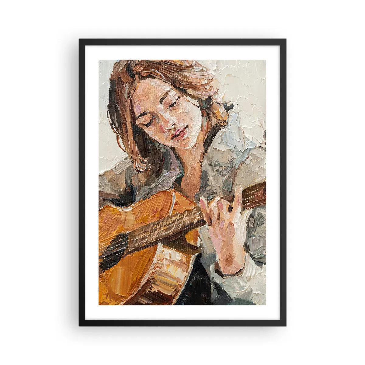 Poster in cornice nera - Ritratto di una donna che suona la chitarra in stile impasto - 50x70cm - Concerto per chitarra e cuore di ragazza - Decorazione murale moderna per soggiorno e camera da letto ARTTOR